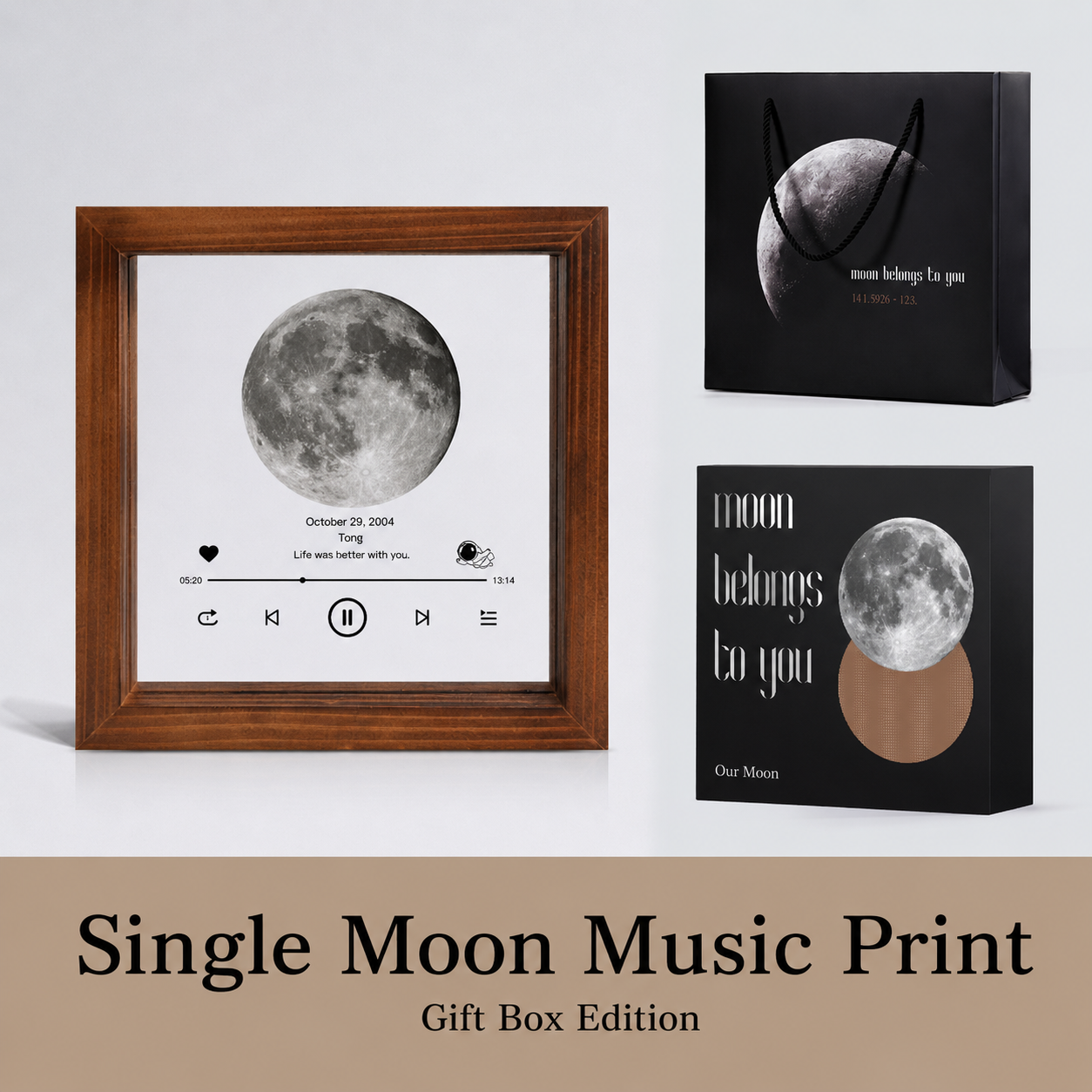Personalized Moon Phase Frame Gift Box – Custom Anniversary Moon Print, presented with its gift box and accessories