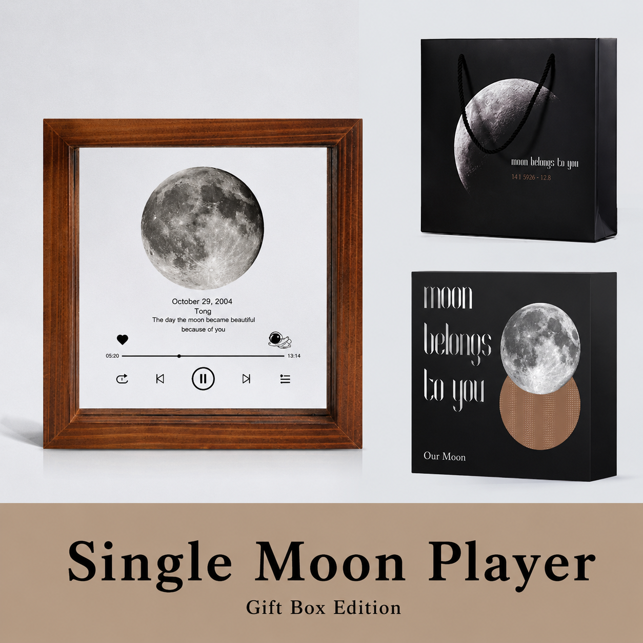 Personalized Moon Phase Frame Gift Box – Custom Anniversary Moon Print, presented with its gift box and accessories