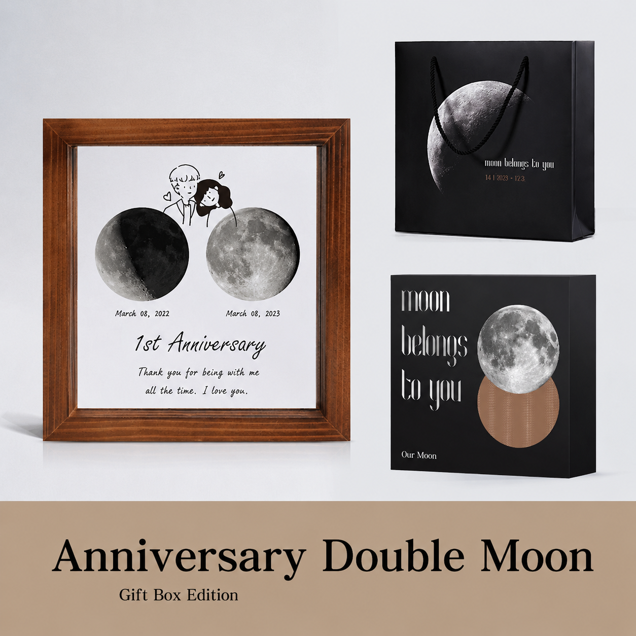 Personalized Moon Phase Frame Gift Box – Custom Anniversary Moon Print, presented with its gift box and accessories