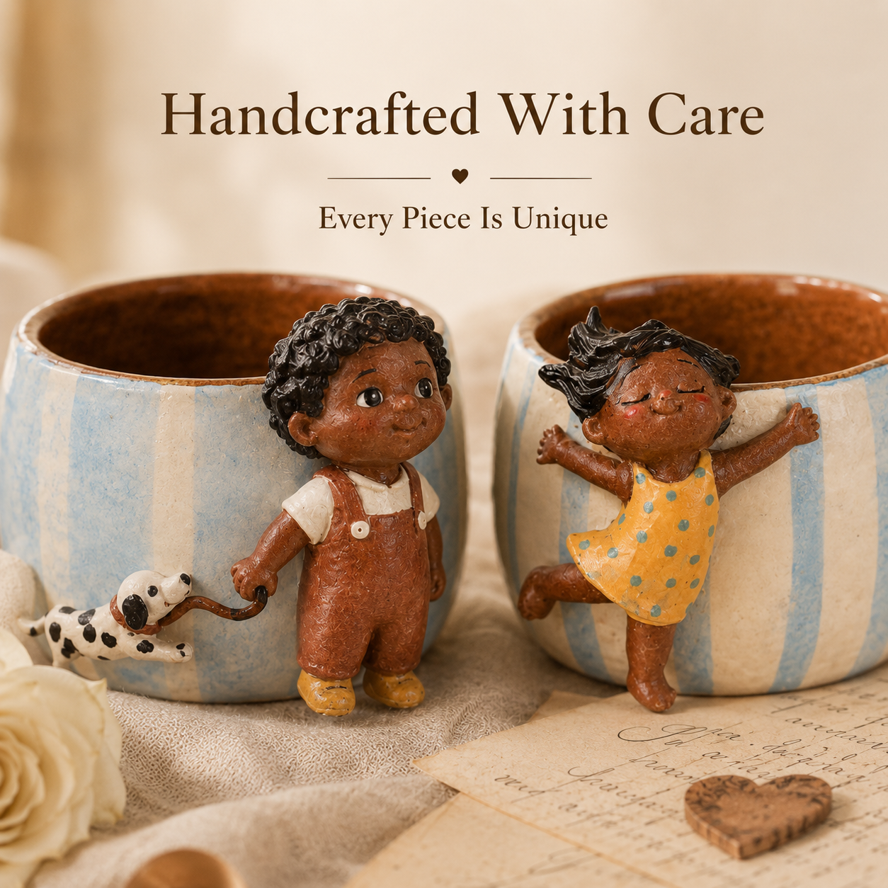 Handmade Cartoon Figurine Porcelain Couple Mug Set, product overview