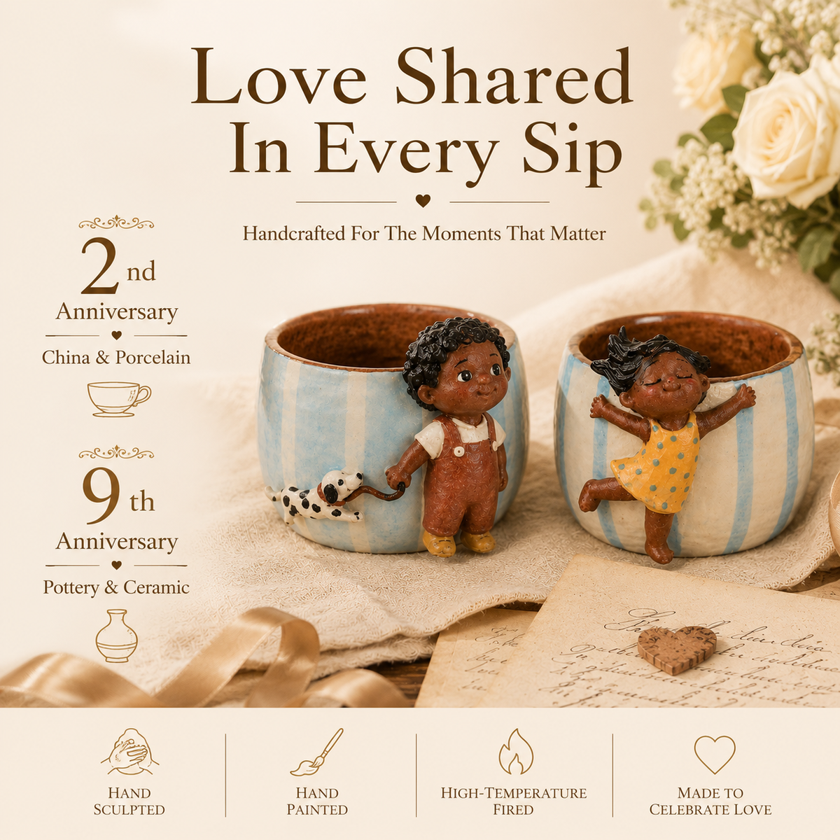 Handmade Cartoon Figurine Porcelain Couple Mug Set, styled product view