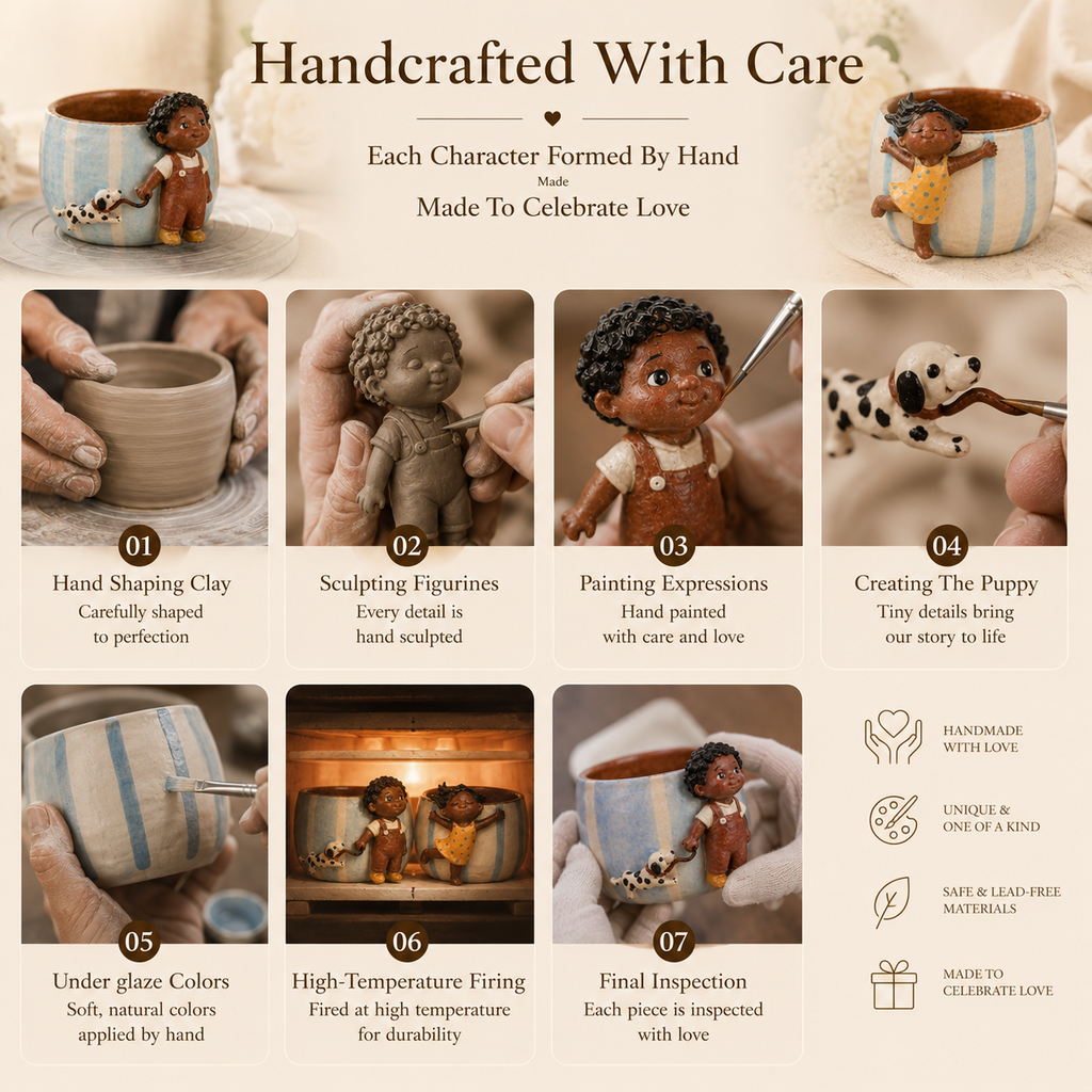Handmade Cartoon Figurine Porcelain Couple Mug Set, close-up detail
