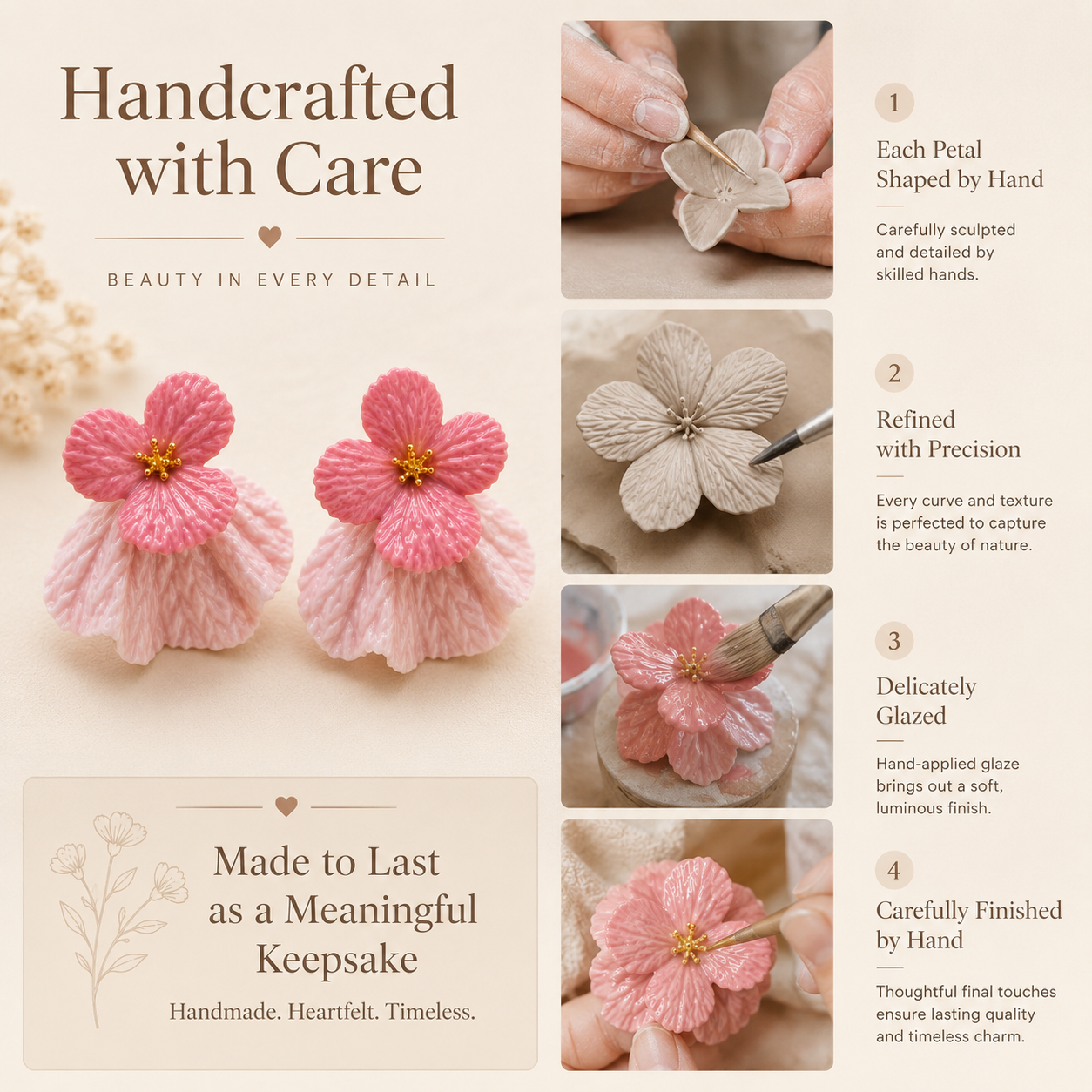 Handmade Ceramic Flower Earrings, lifestyle view