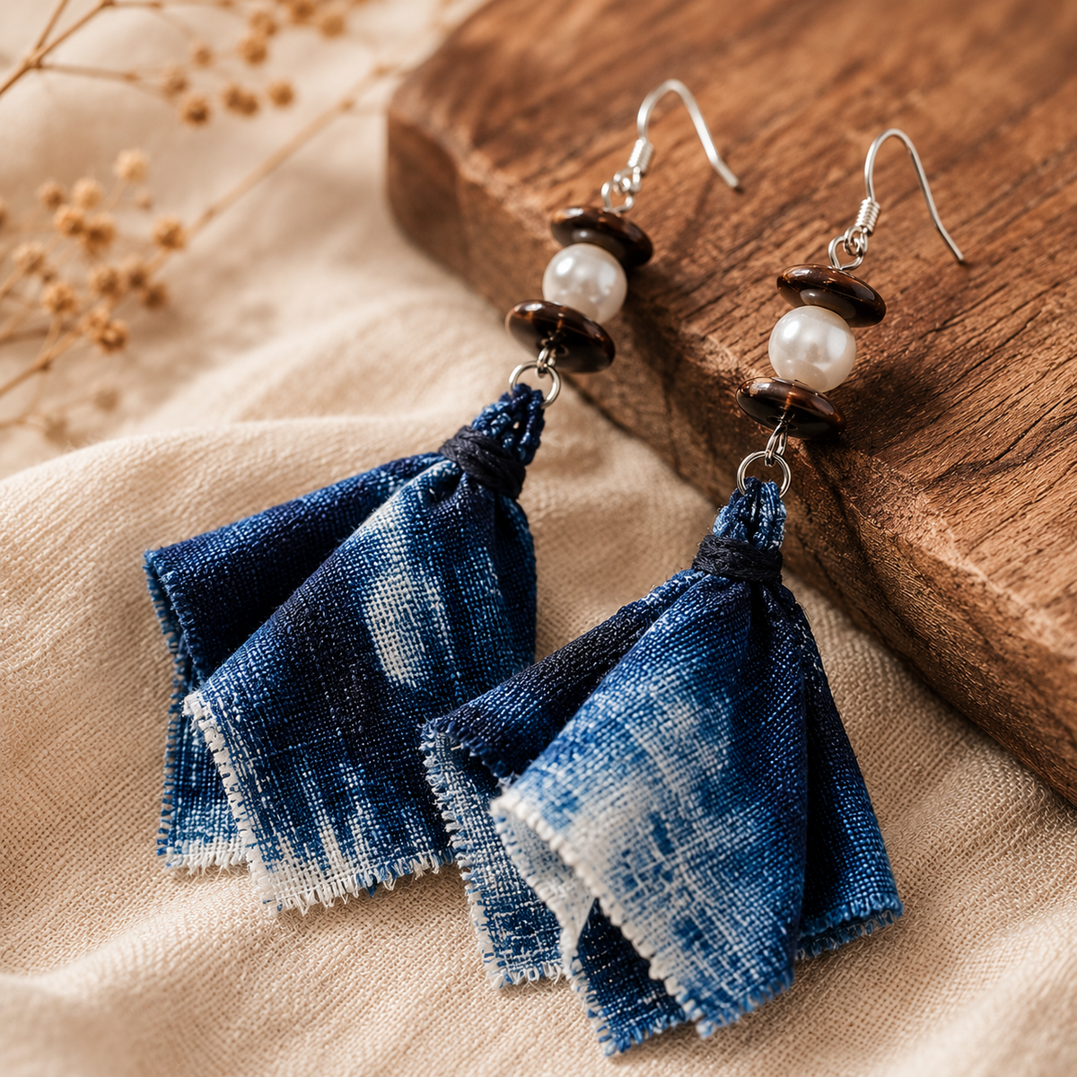 Handmade Cotton & Linen Textile Earrings, close-up detail