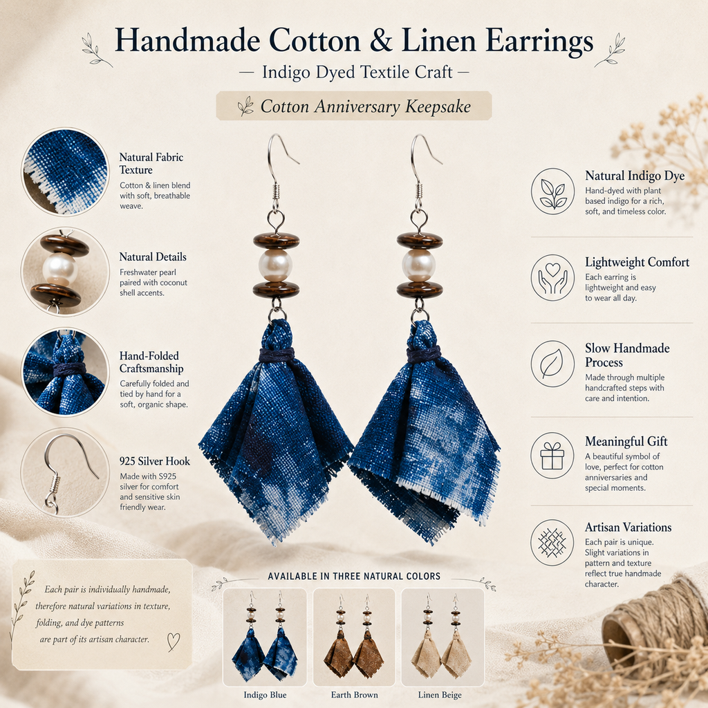 Handmade Cotton & Linen Textile Earrings, size and feature guide
