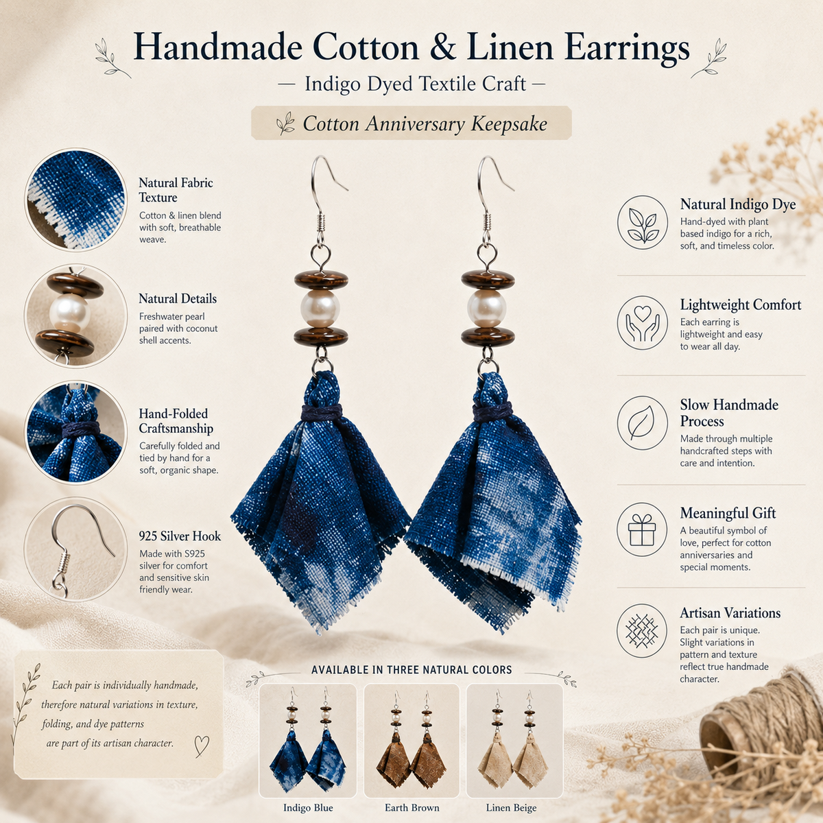 Handmade Cotton & Linen Textile Earrings, size and feature guide