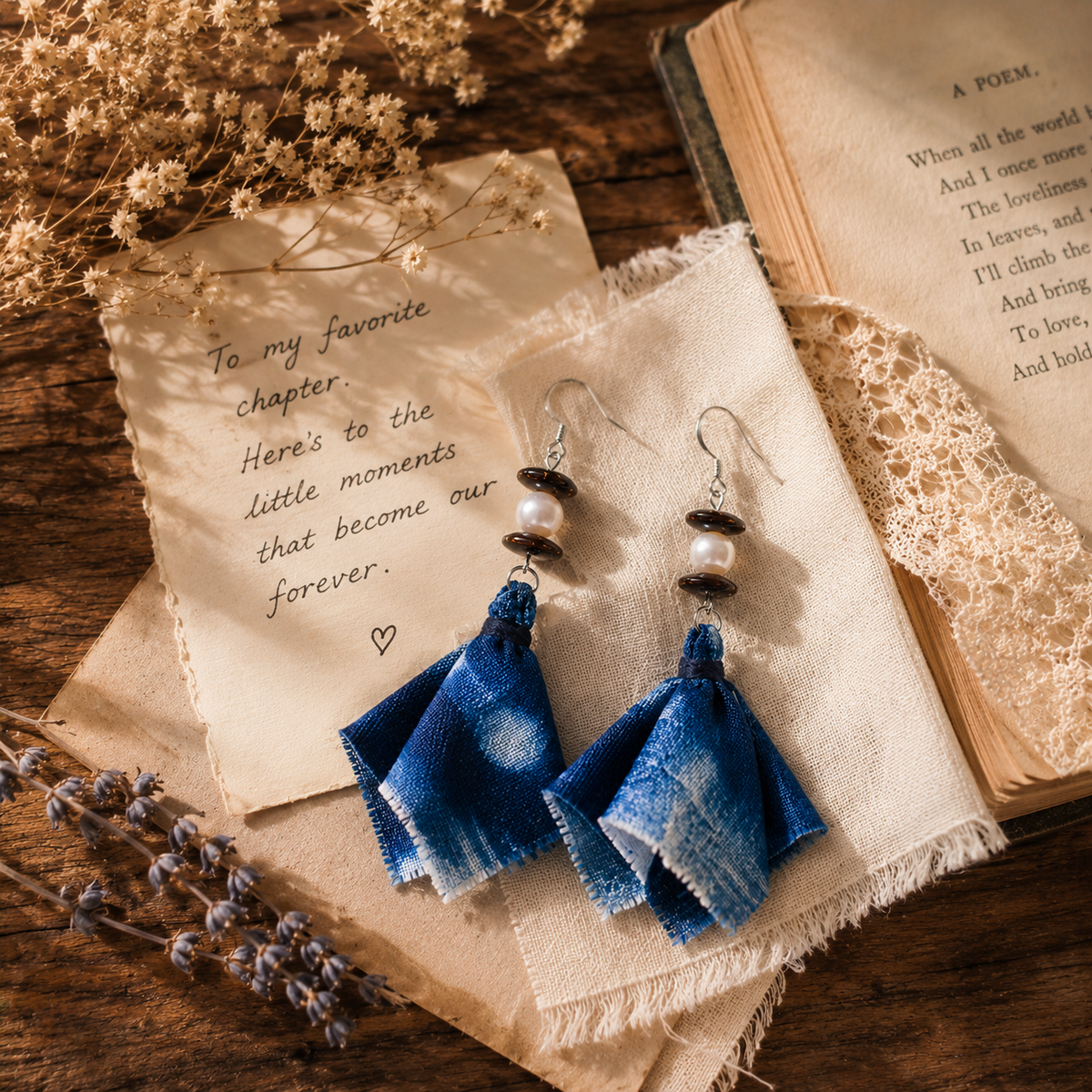 Handmade Cotton & Linen Textile Earrings, lifestyle view