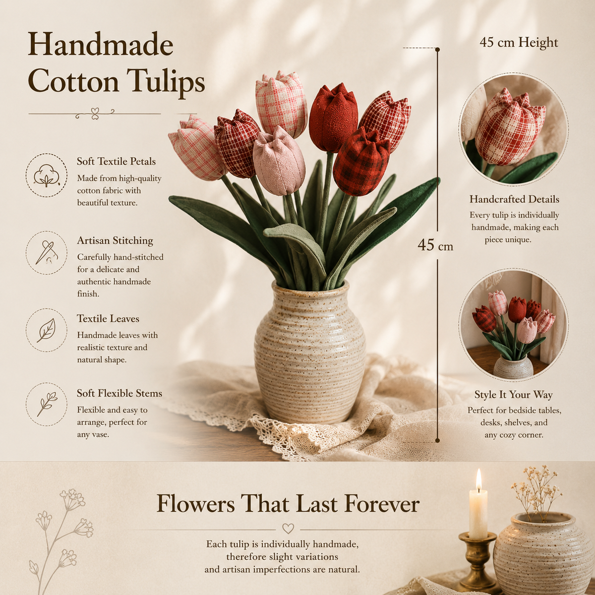 Handmade Cotton Tulip Bouquet, close-up detail