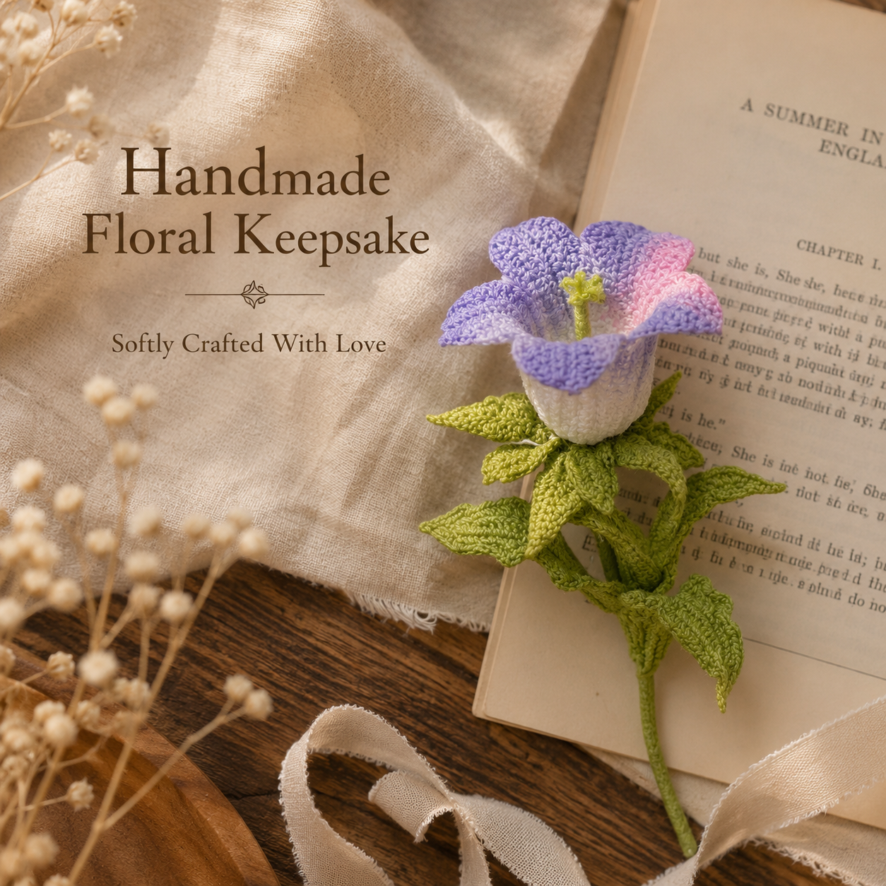 Handmade Crochet Bellflower Brooch, product overview