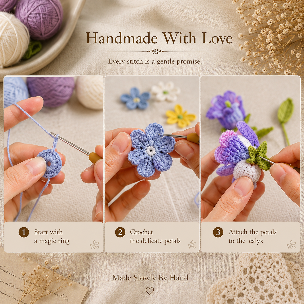 Handmade Crochet Bellflower Brooch, lifestyle view