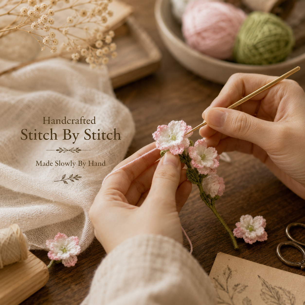 Handmade Crochet Blush Floral Brooch, close-up detail