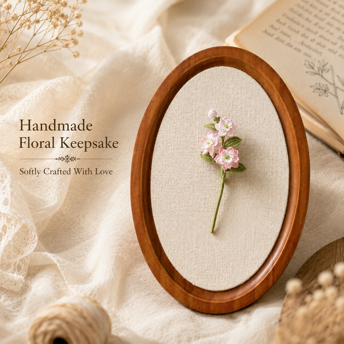 Handmade Crochet Blush Floral Brooch, lifestyle view