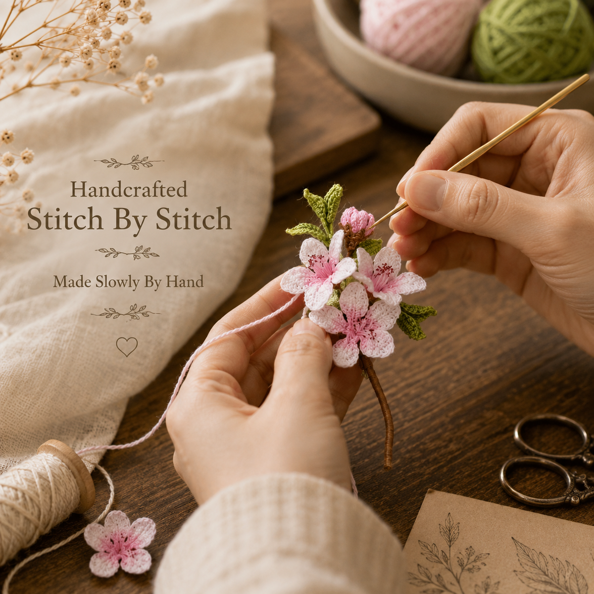 Handmade Crochet Cherry Blossom Brooch, close-up detail
