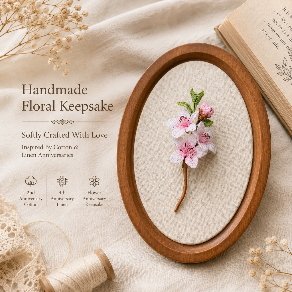 Handmade Crochet Cherry Blossom Brooch, lifestyle view