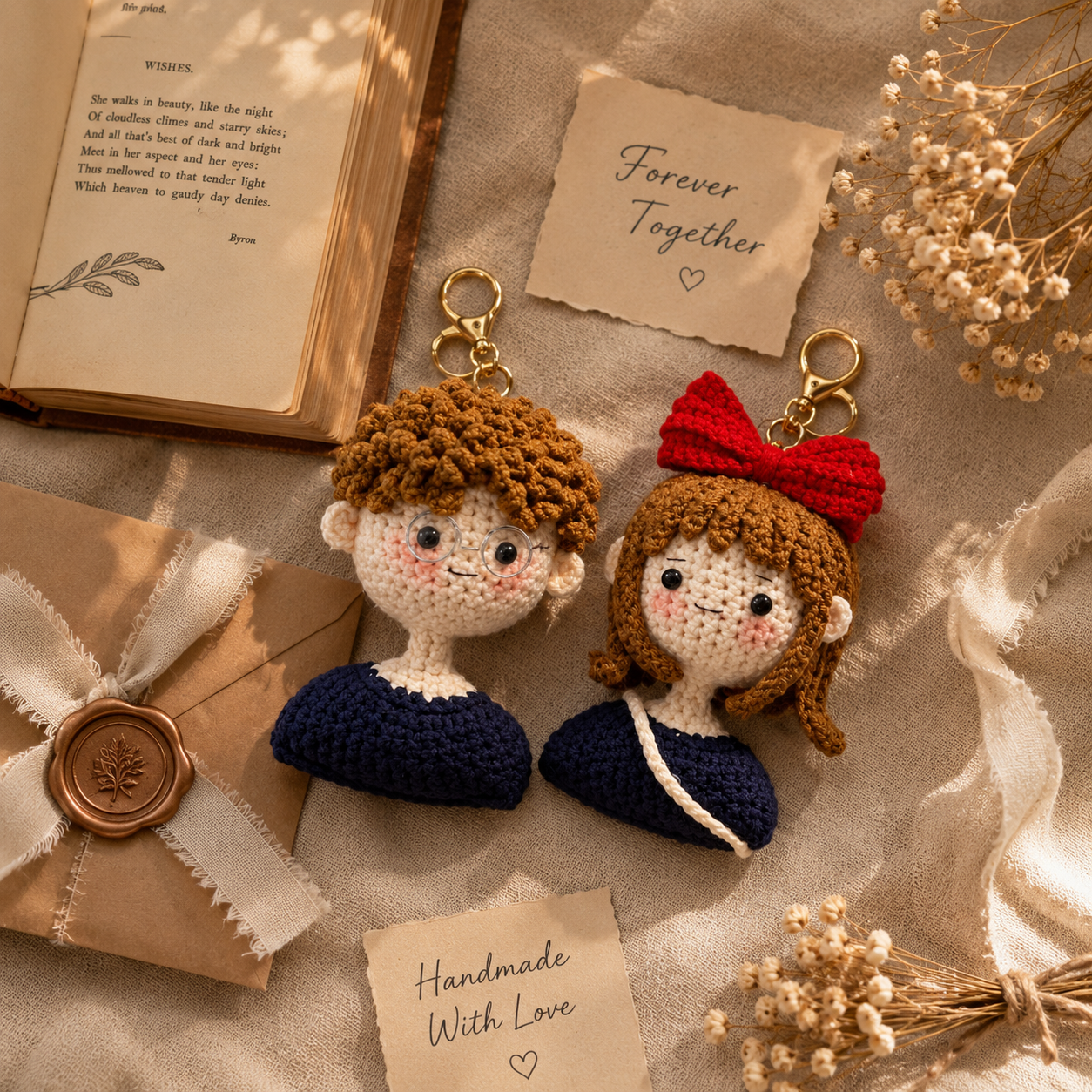Handmade Crochet Couple Doll Keychain Set, close up detail