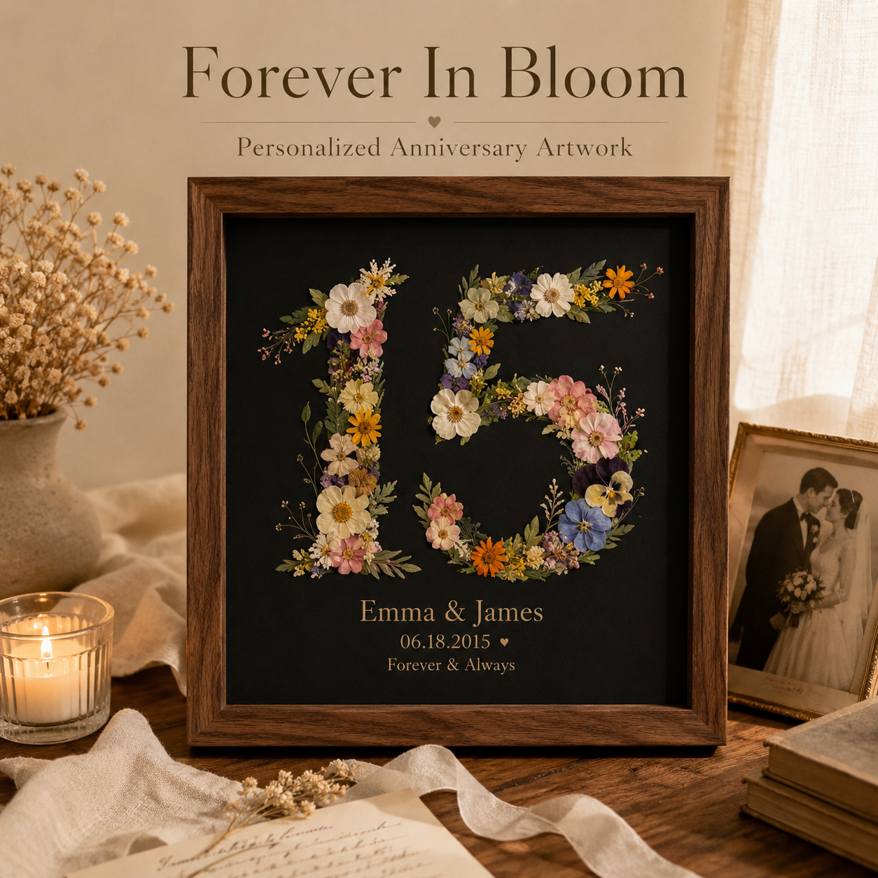 Forever In Bloom – Personalized Pressed Flower Anniversary Frame, displayed in a warm home interior
