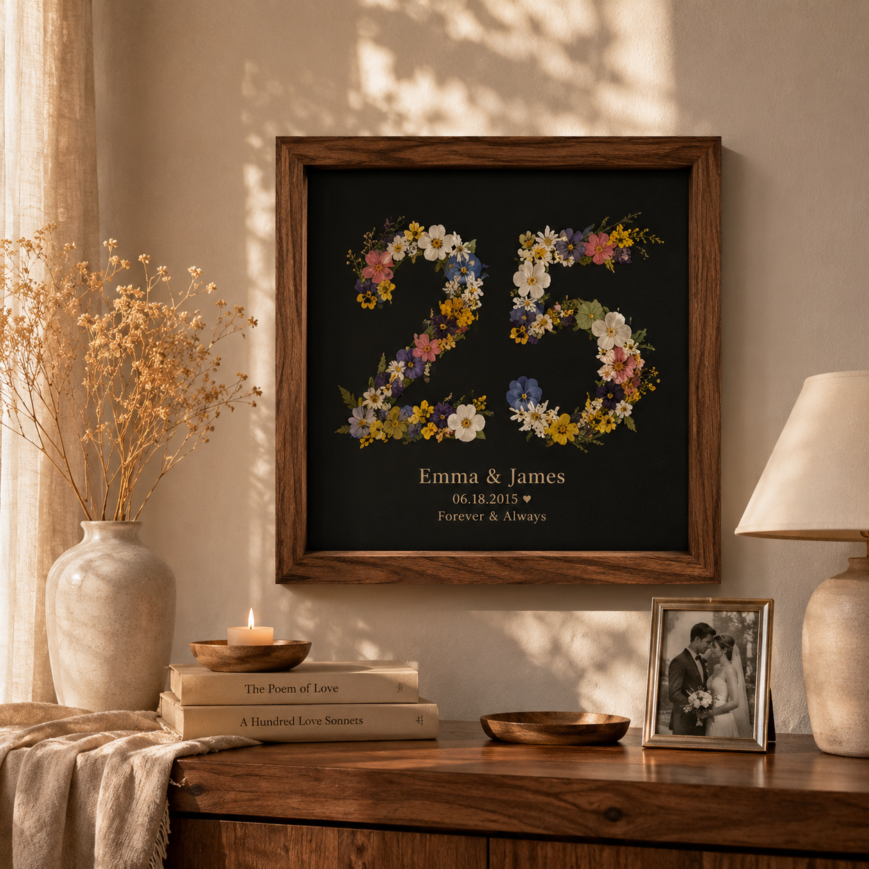 Forever In Bloom – Personalized Pressed Flower Anniversary Frame, displayed in a warm home interior