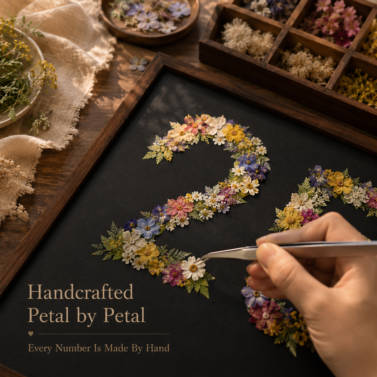 Forever In Bloom – Personalized Pressed Flower Anniversary Frame, artisan working on the piece by hand