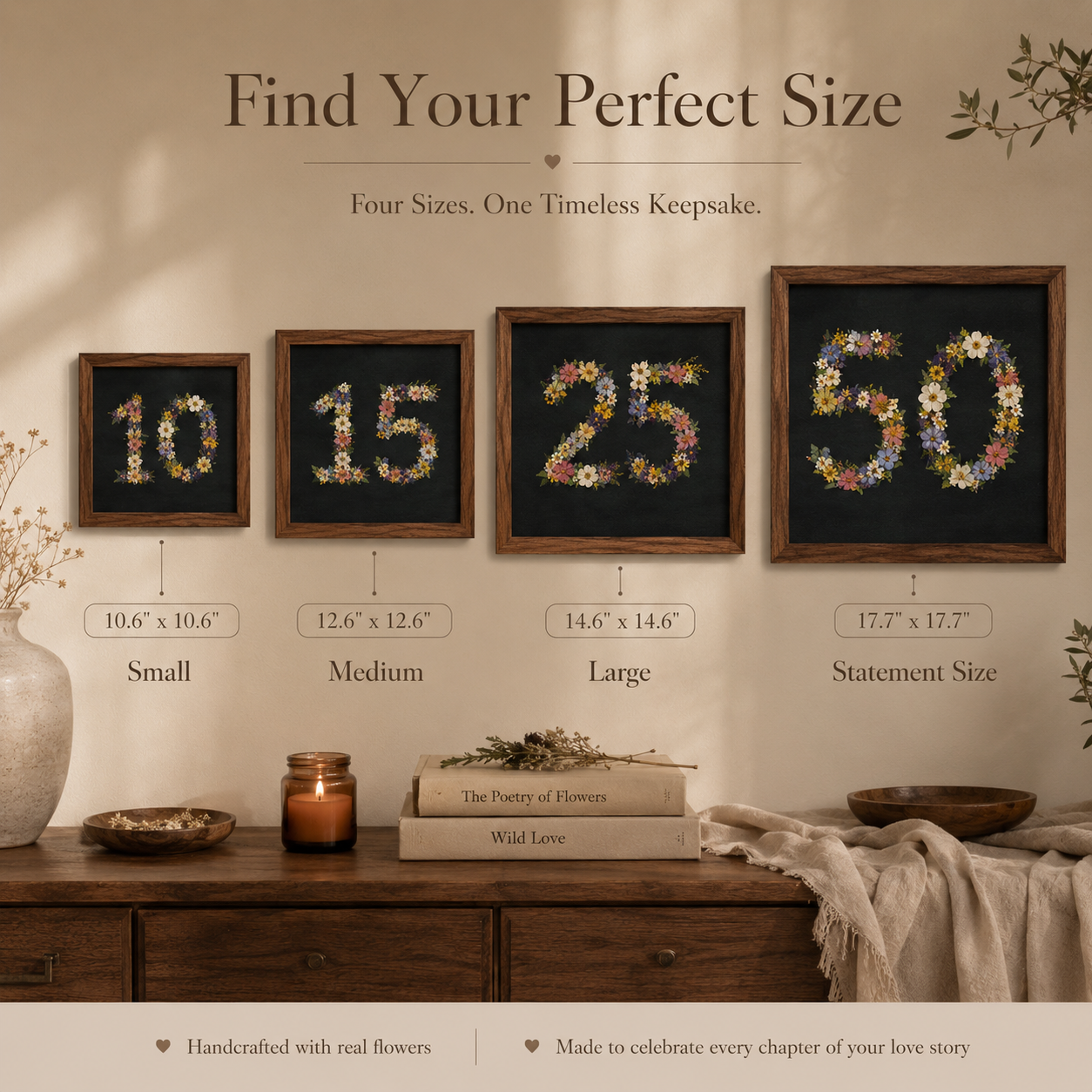 Forever In Bloom – Personalized Pressed Flower Anniversary Frame, size or variant comparison infographic