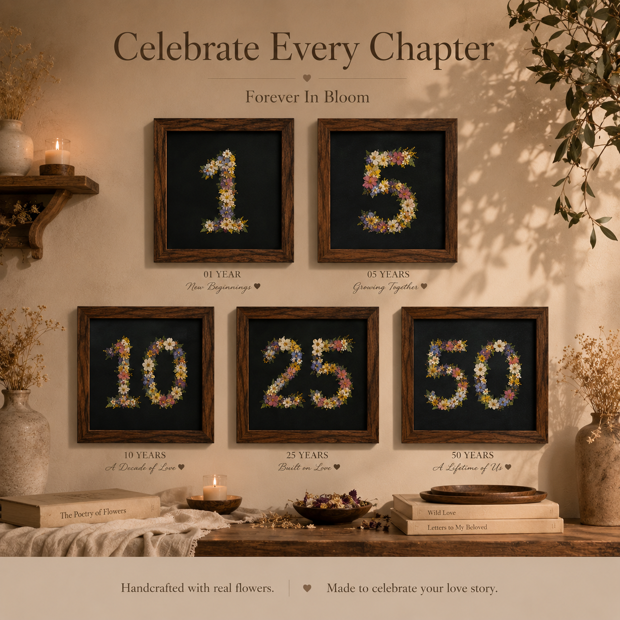 Forever In Bloom – Personalized Pressed Flower Anniversary Frame, shown as wall decor in a styled room