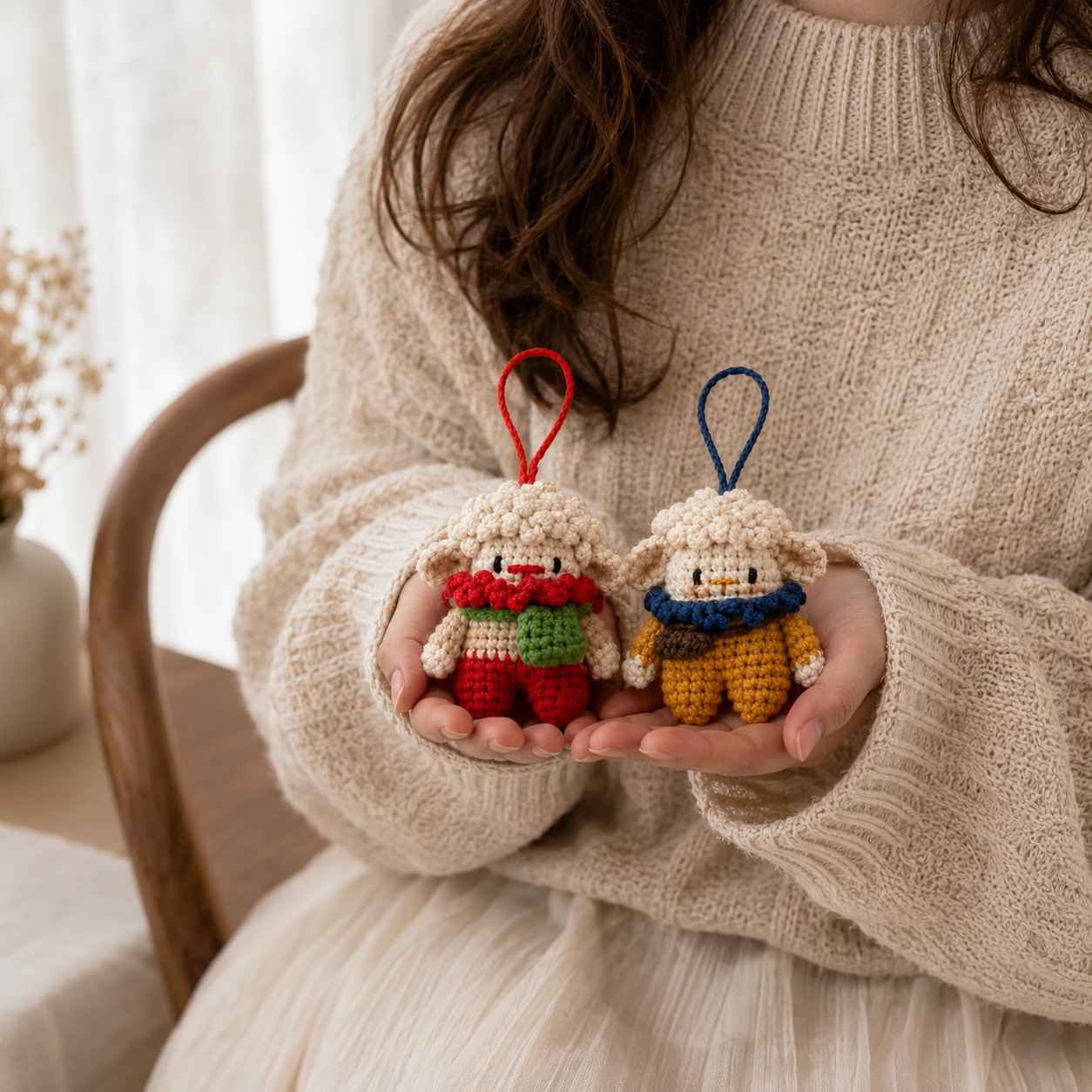 Handmade Crochet Sheep Ornament Set, styled product view