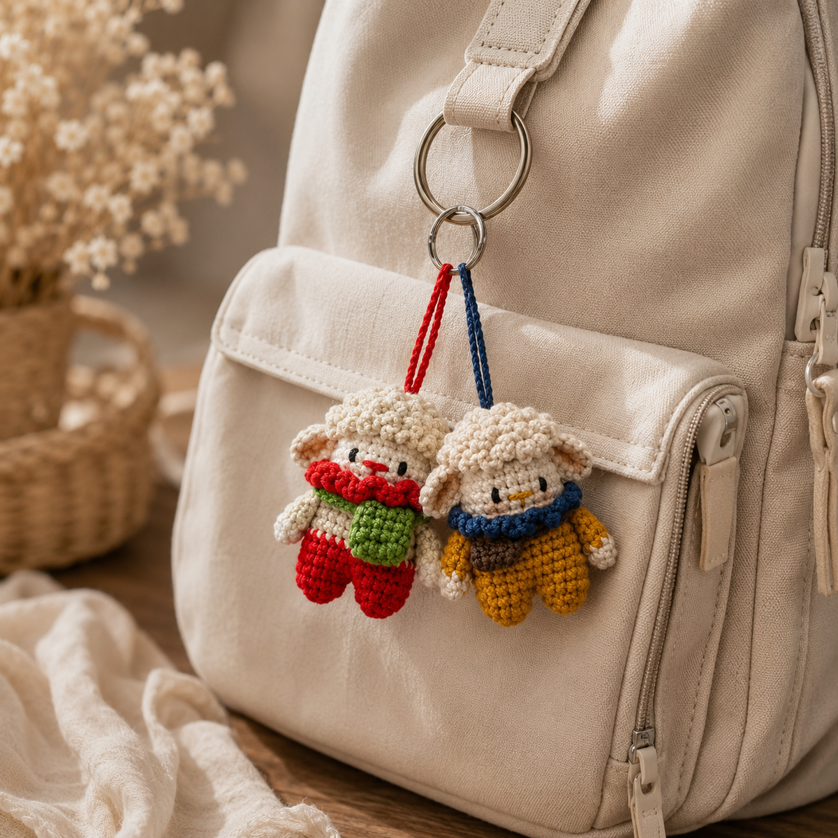 Handmade Crochet Sheep Ornament Set, close-up detail