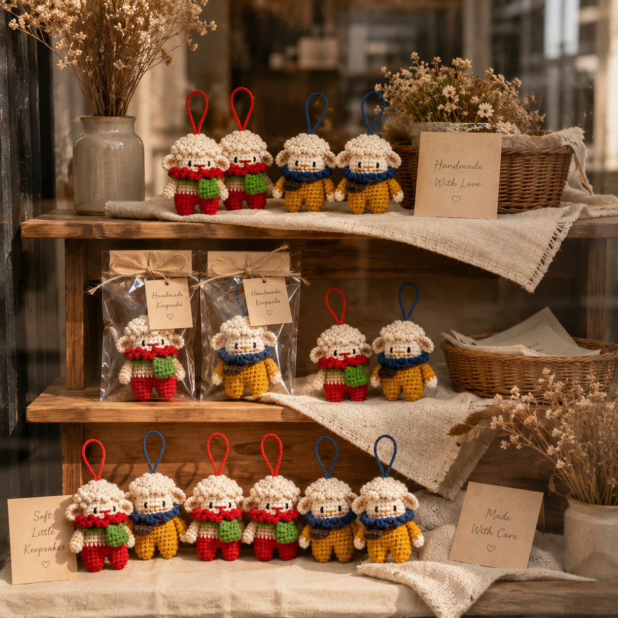 Handmade Crochet Sheep Ornament Set, size and feature guide