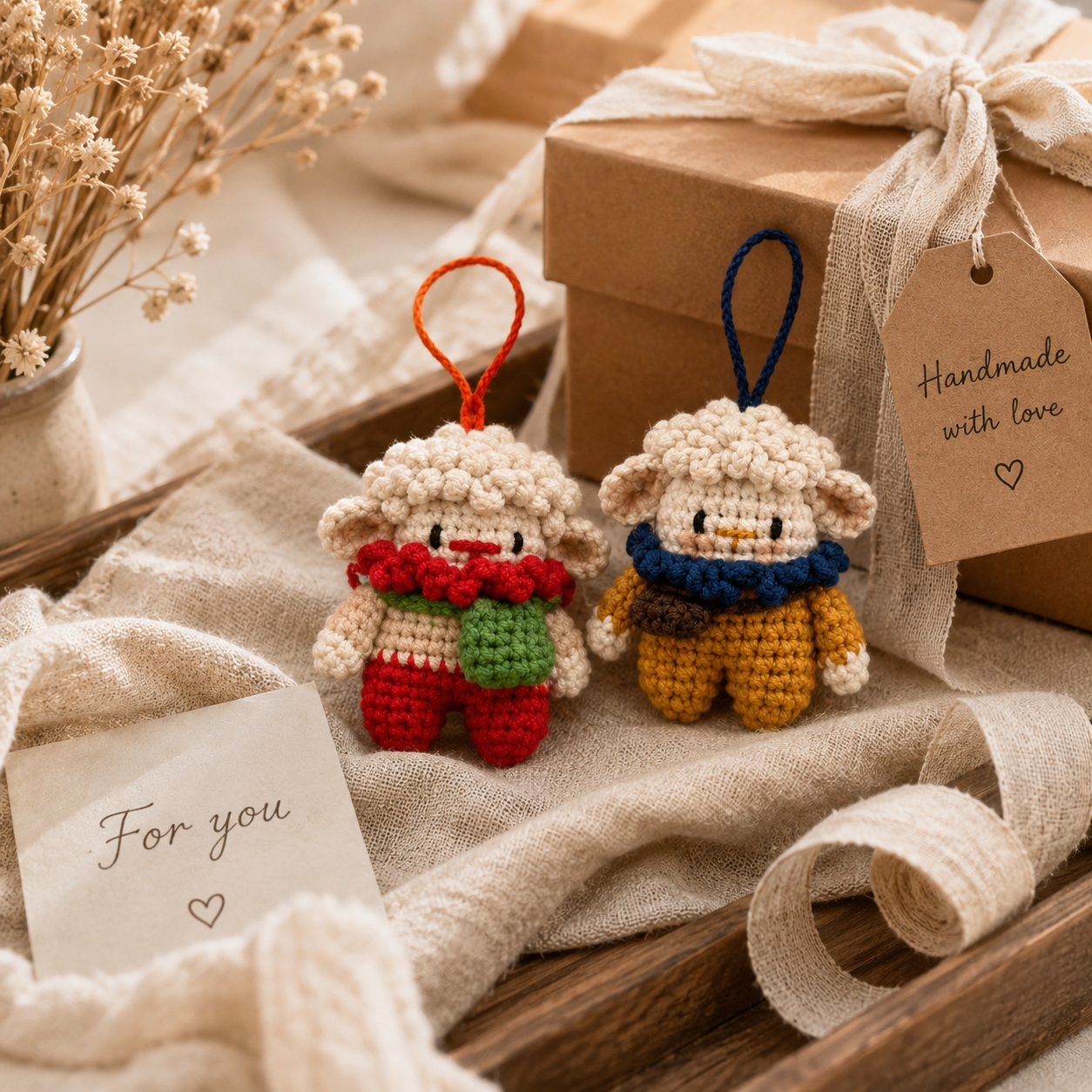 Handmade Crochet Sheep Ornament Set, lifestyle view