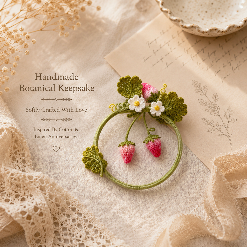 Handmade Crochet Strawberry Wreath Brooch, product overview