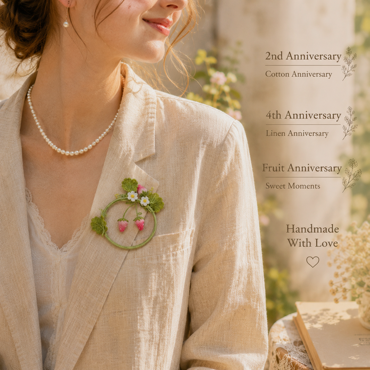 Handmade Crochet Strawberry Wreath Brooch, styled product view