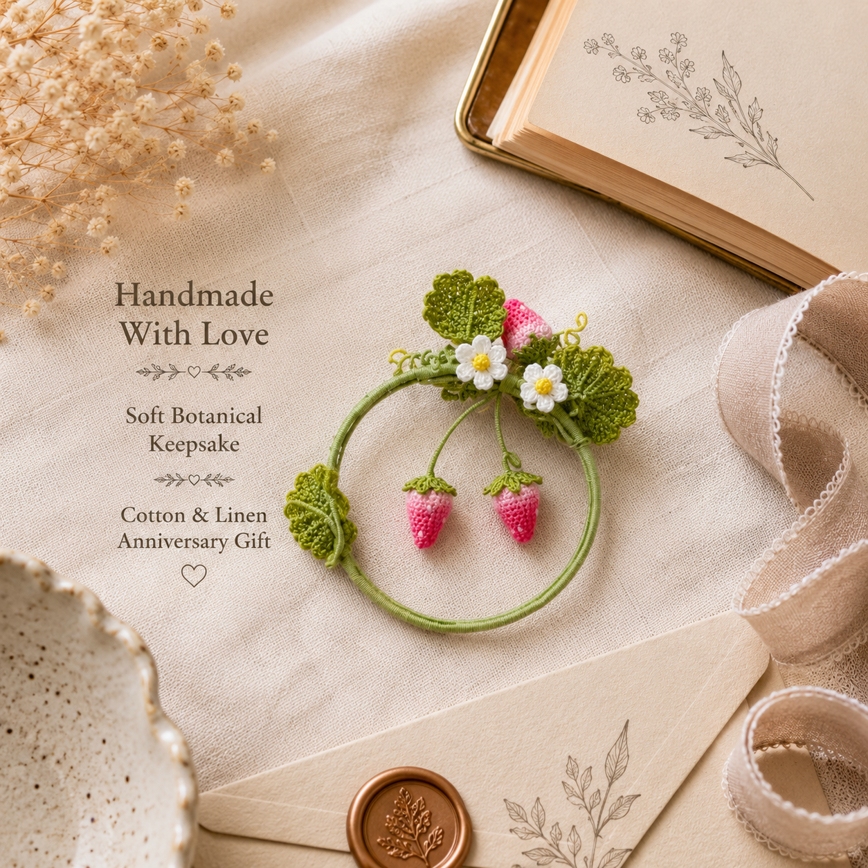 Handmade Crochet Strawberry Wreath Brooch, lifestyle view