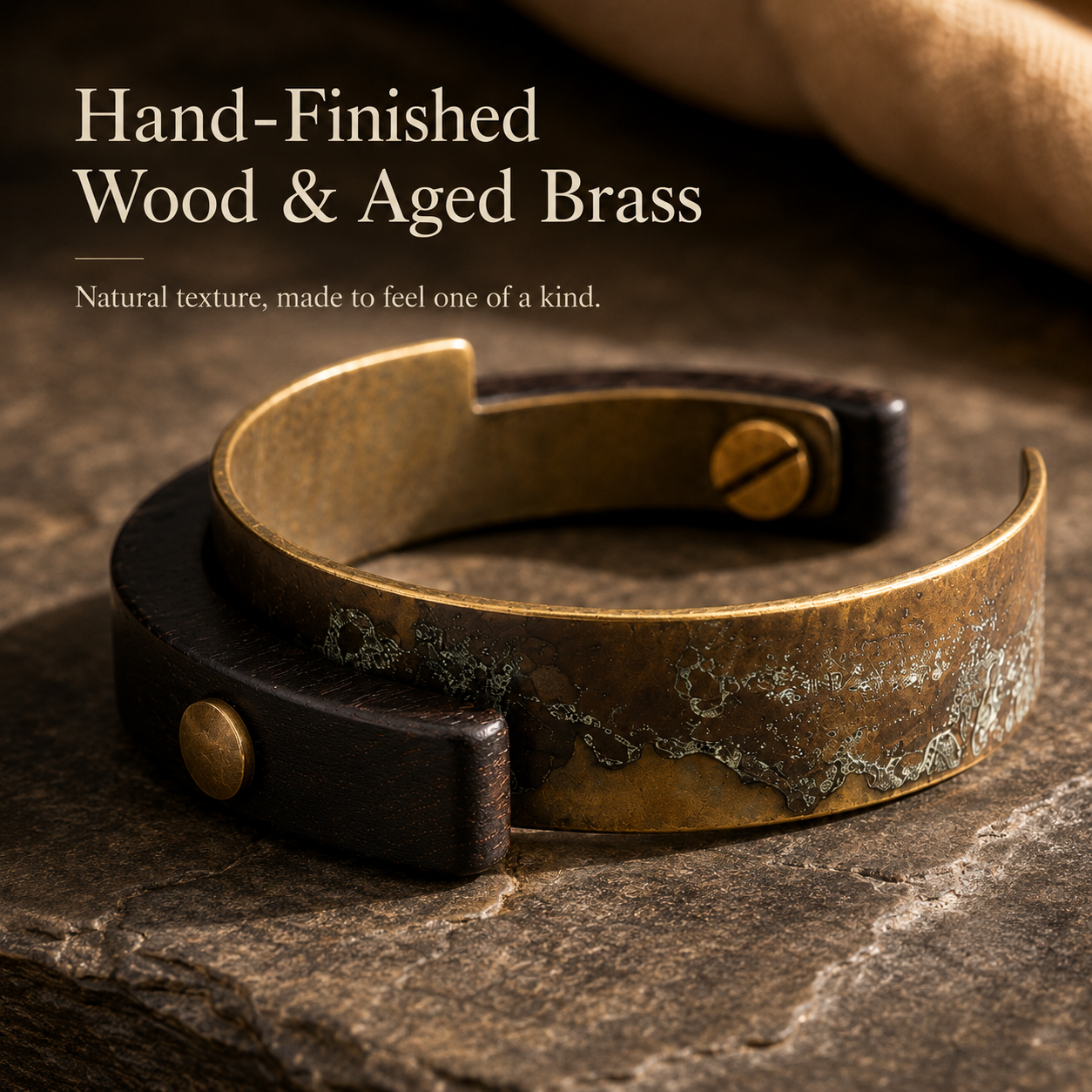 Handmade Ebony Wood & Aged Brass Open Cuff Bracelet, styled product scene with anniversary-themed props