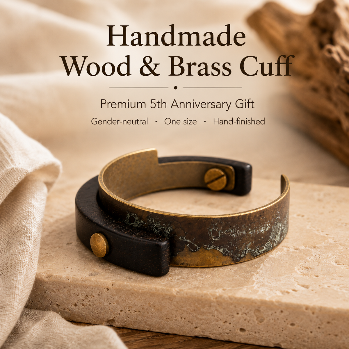 Handmade Ebony Wood & Aged Brass Open Cuff Bracelet, styled product scene with anniversary-themed props