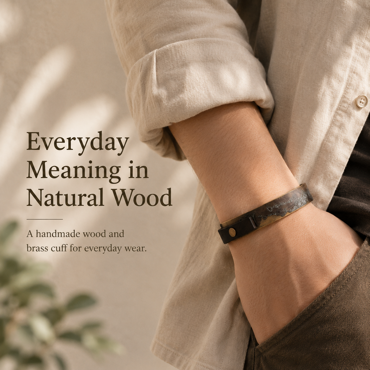 Handmade Ebony Wood & Aged Brass Open Cuff Bracelet, shown worn for scale and styling