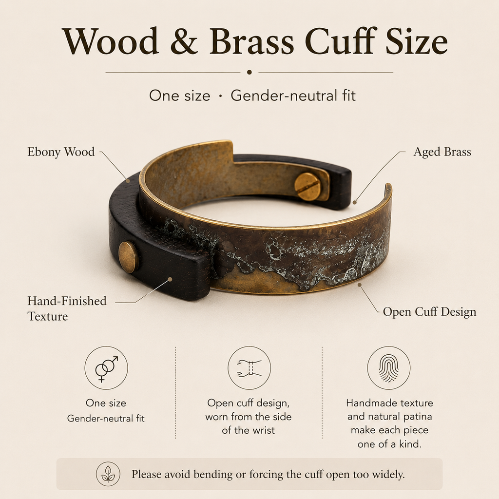 Handmade Ebony Wood & Aged Brass Open Cuff Bracelet, size and dimensions infographic