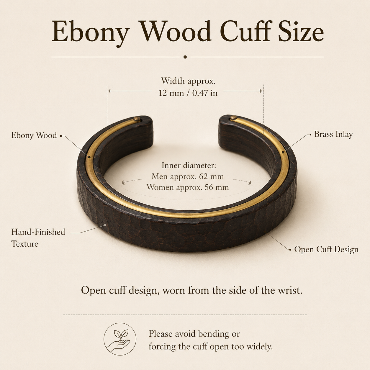 Handmade Ebony Wood & Brass Cuff Bracelet, size and dimensions infographic