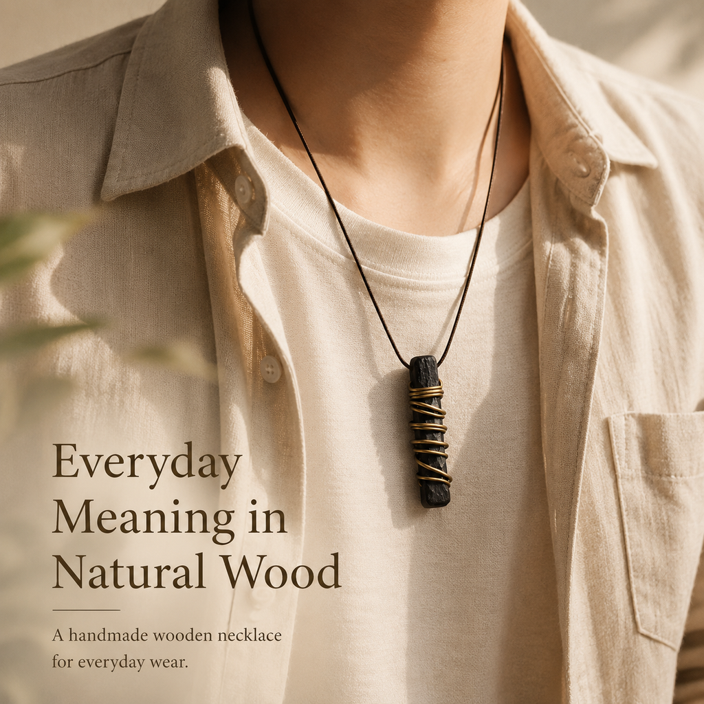 Handmade Ebony Wood & Antique Brass Pendant Necklace, shown worn for scale and styling