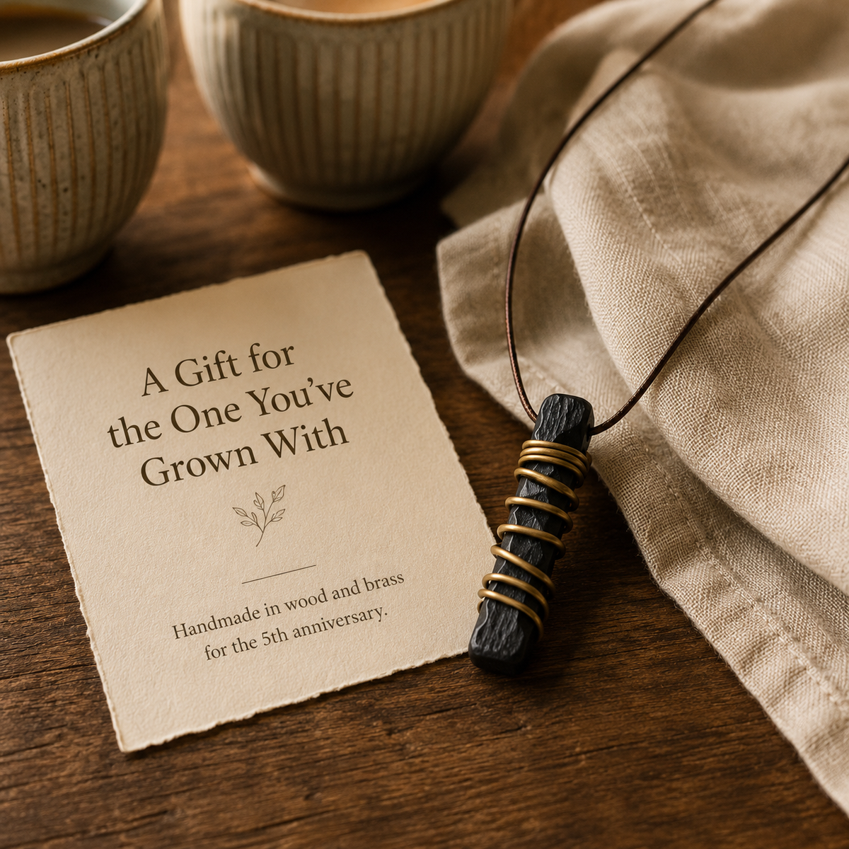 Handmade Ebony Wood & Antique Brass Pendant Necklace, styled product scene with anniversary-themed props