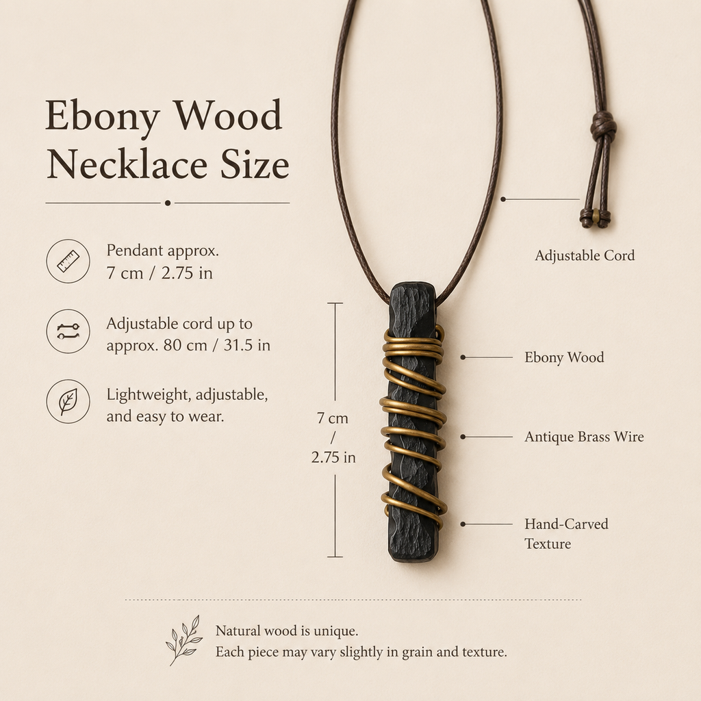 Handmade Ebony Wood & Antique Brass Pendant Necklace, size and dimensions infographic