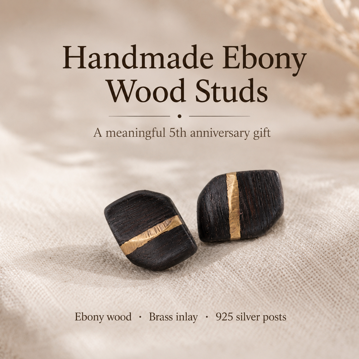 Handmade Ebony Wood & Brass Stud Earrings, styled product scene with anniversary-themed props