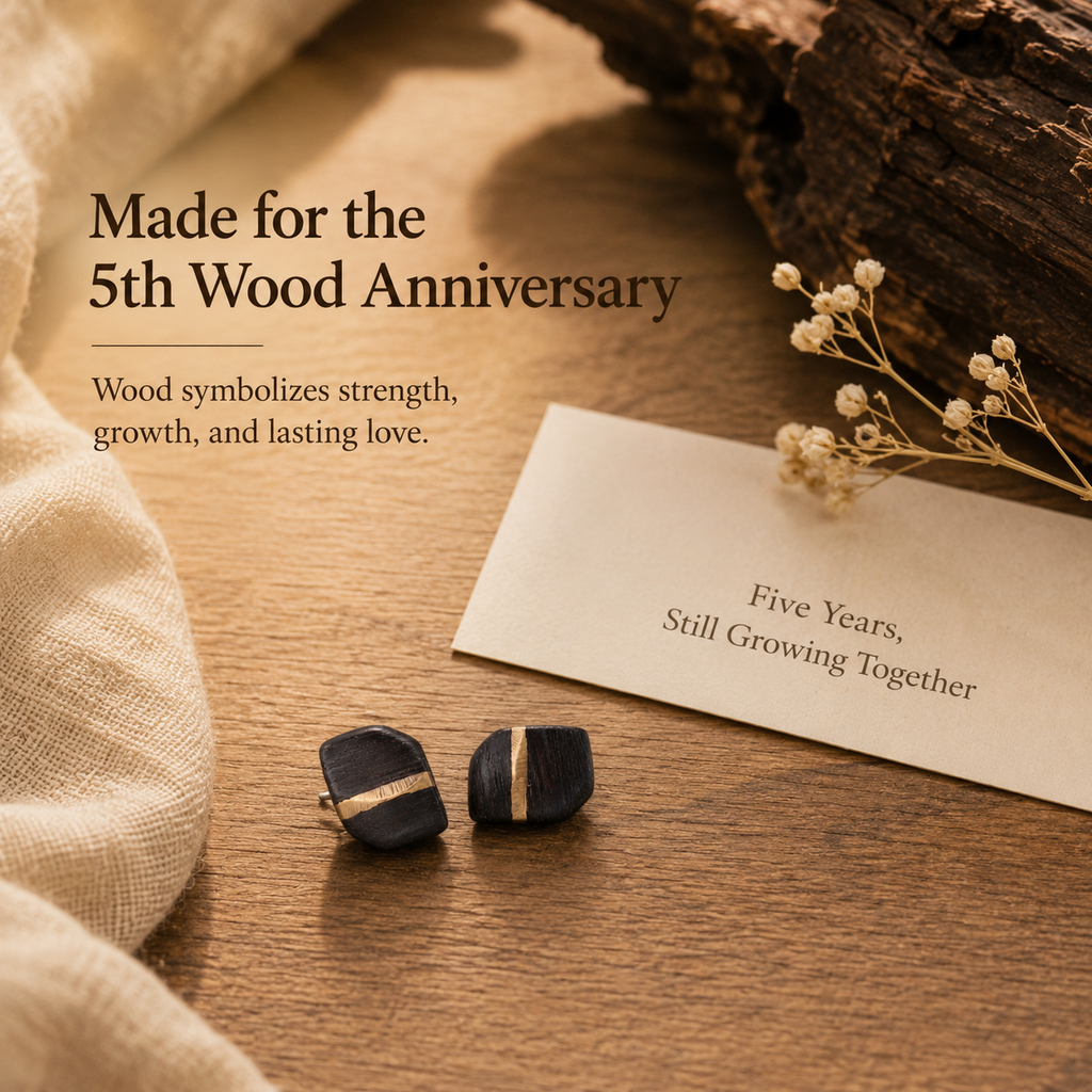 Handmade Ebony Wood & Brass Stud Earrings, styled product scene with anniversary-themed props