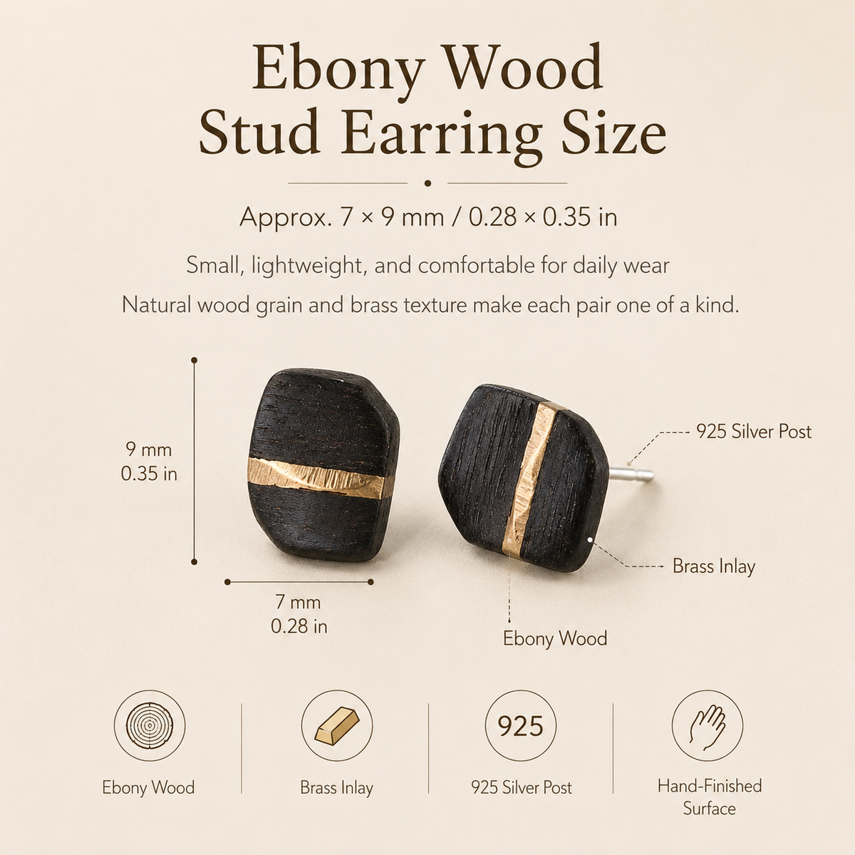 Handmade Ebony Wood & Brass Stud Earrings, size and dimensions infographic