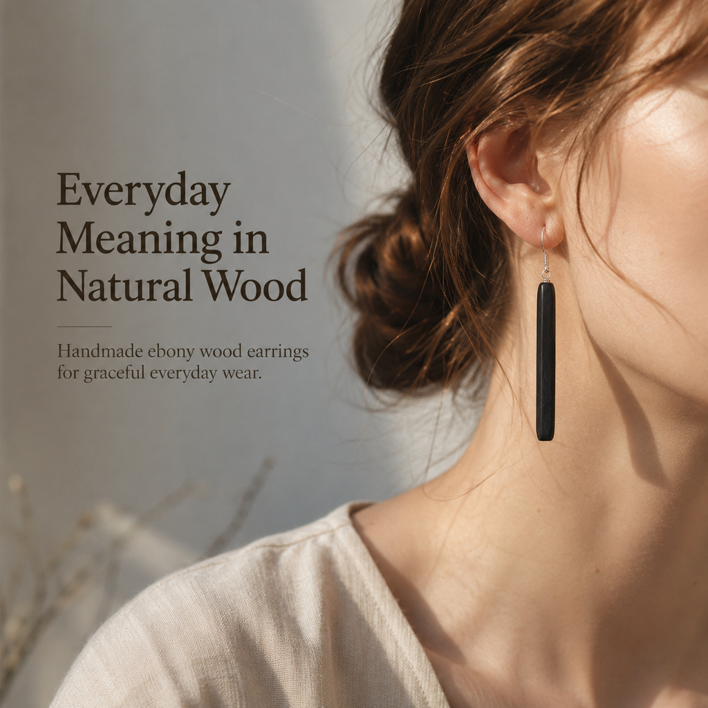Handmade Ebony Wood Long Drop Earrings, shown worn for scale and styling