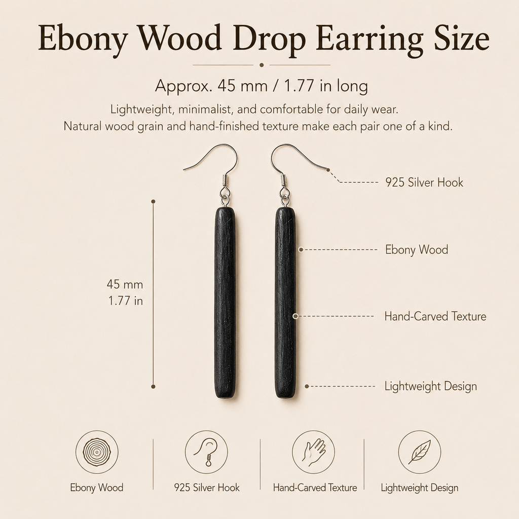 Handmade Ebony Wood Long Drop Earrings, size and dimensions infographic
