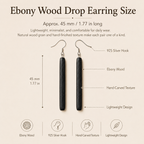 Handmade Ebony Wood Long Drop Earrings, size and dimensions infographic