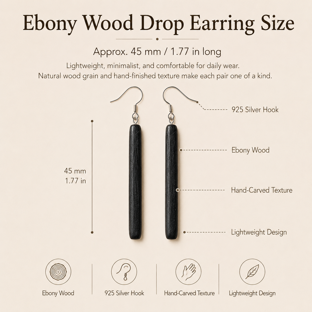 Handmade Ebony Wood Long Drop Earrings, size and dimensions infographic