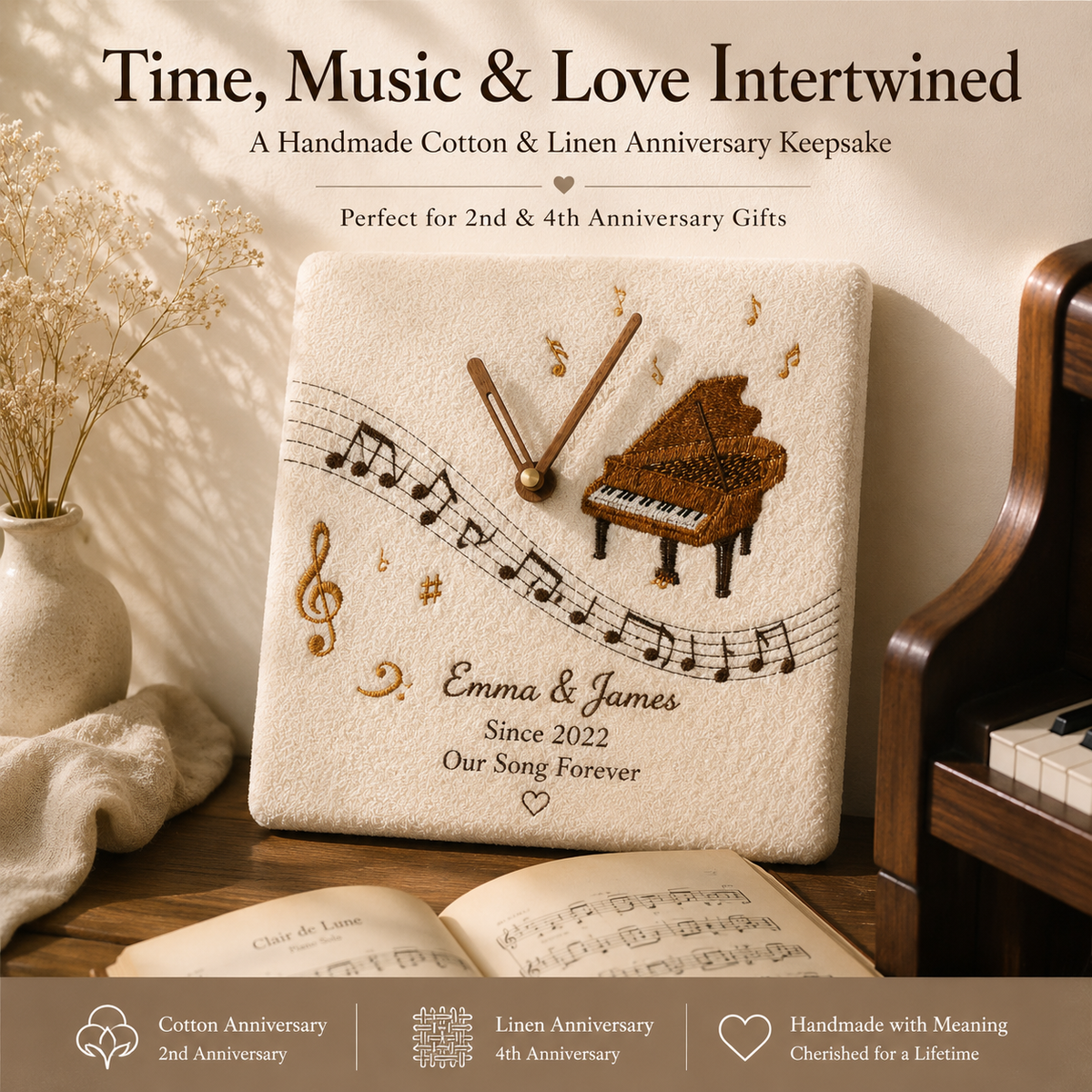 Handmade Embroidered Piano Wall Clock, product overview