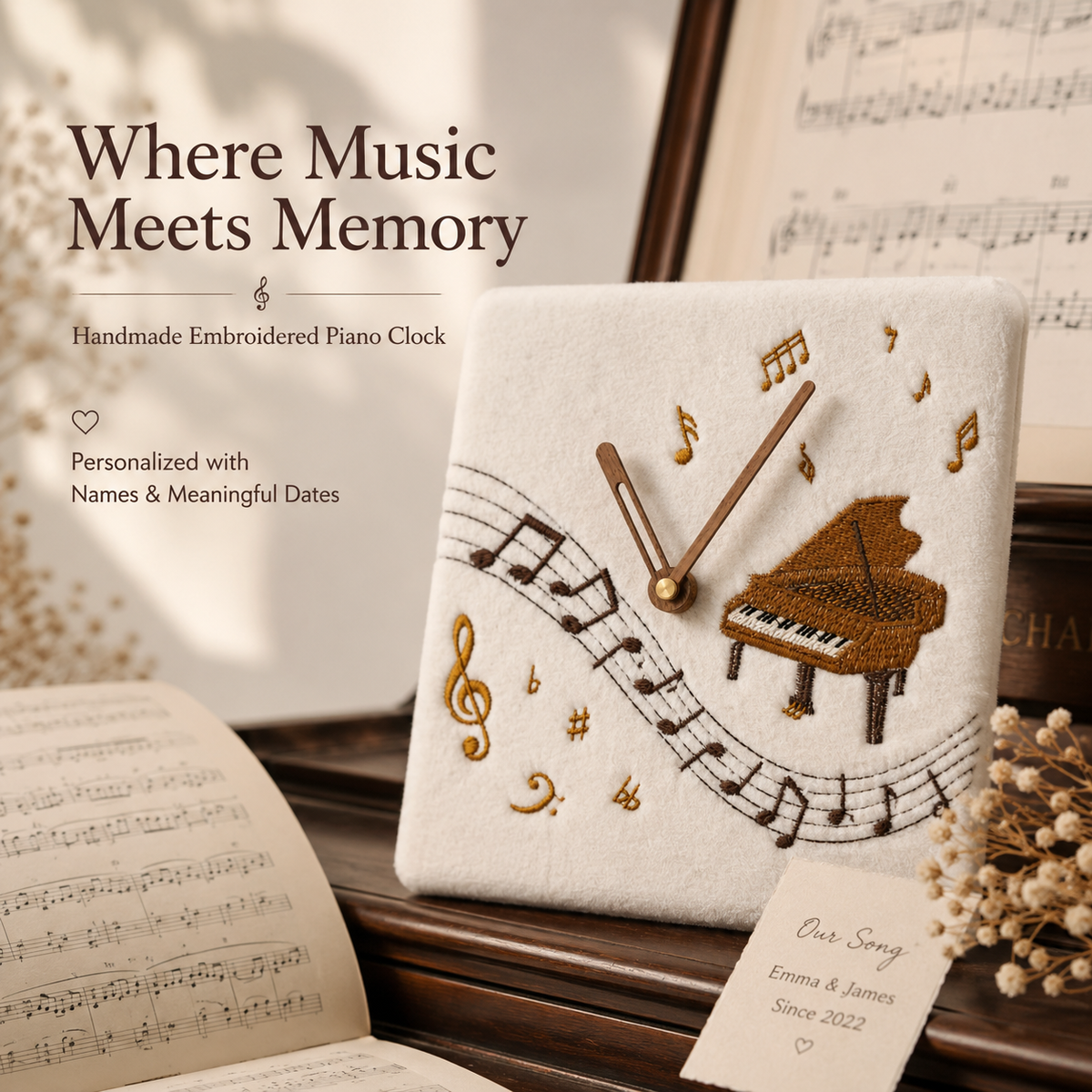 Handmade Embroidered Piano Wall Clock, styled product view