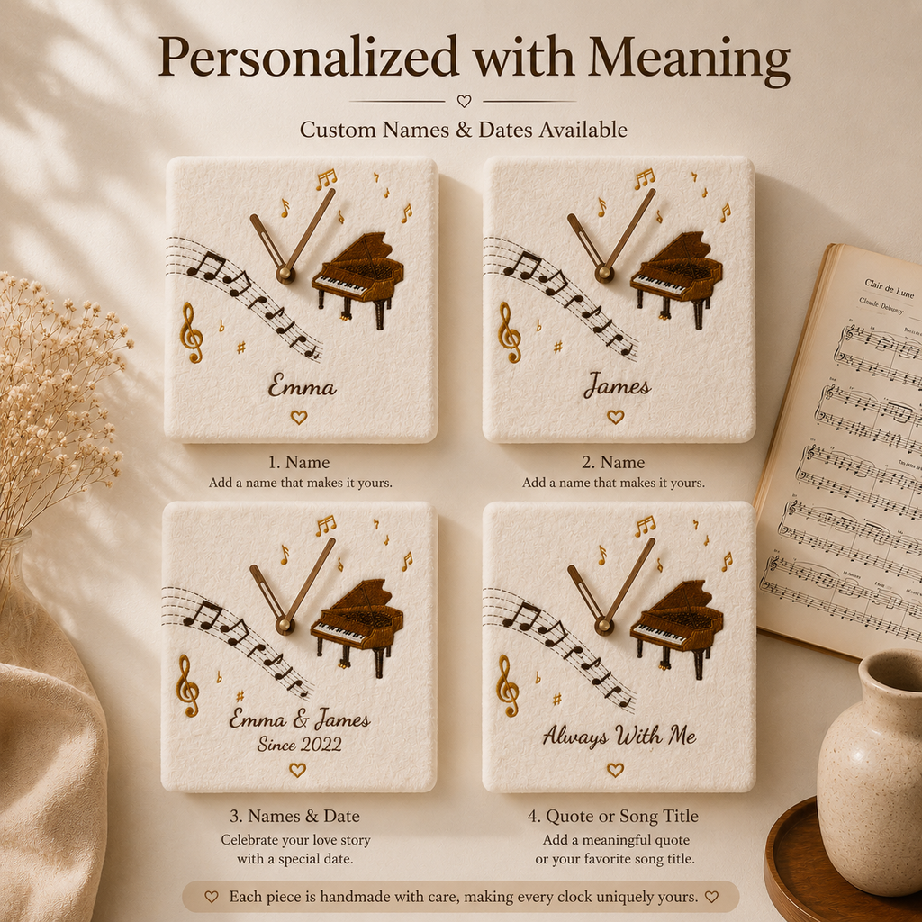 Handmade Embroidered Piano Wall Clock, close-up detail