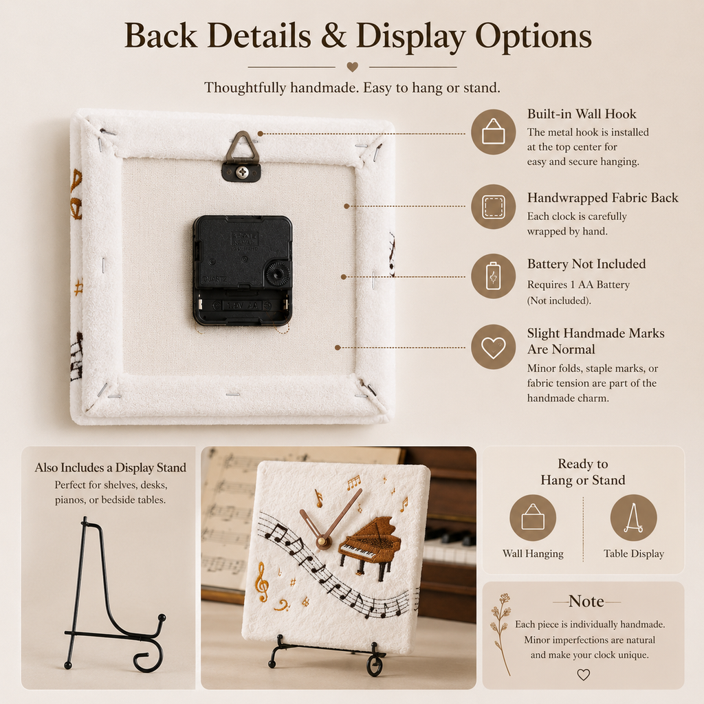 Handmade Embroidered Piano Wall Clock, lifestyle view